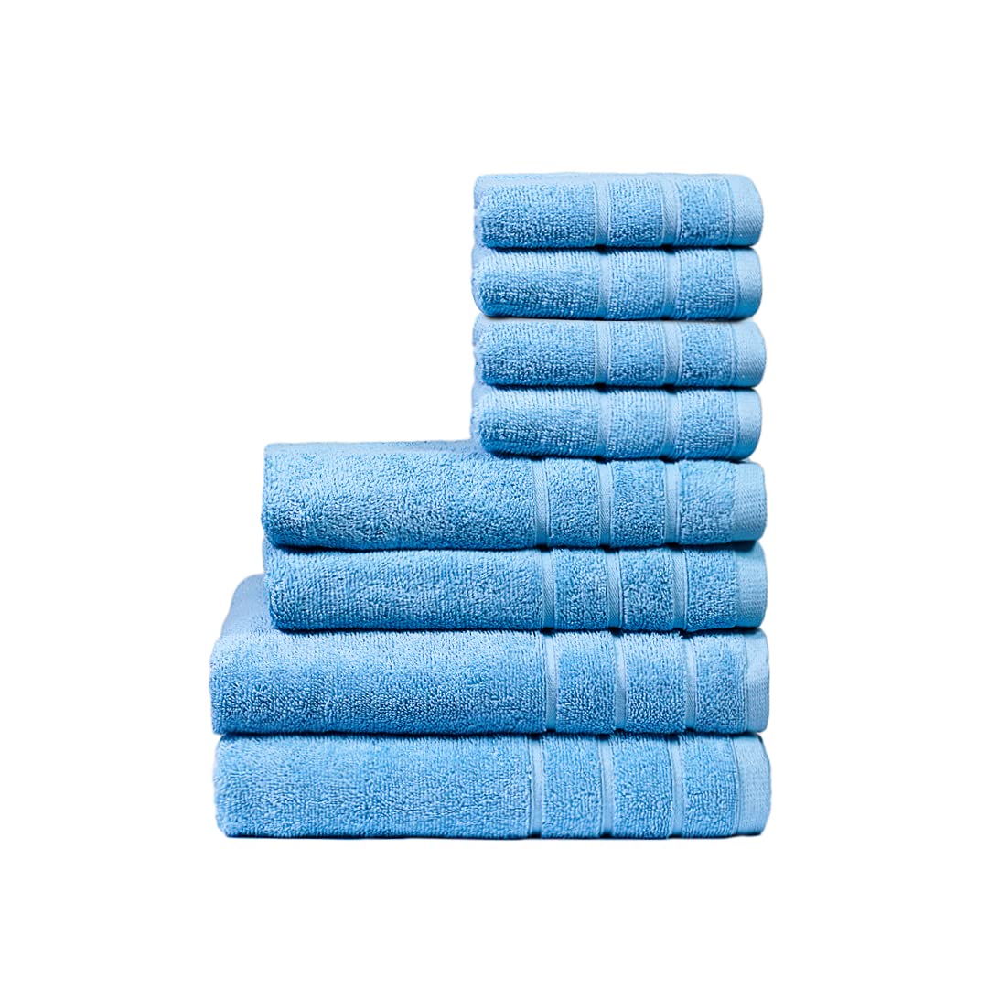 Cleanup Towels Set of 8, 2 Bath Towels, 2 Hand Towels, and 4 Washcloths, 600 Plus GSM Guaranteed Premium Terry Cotton Highly Absorbent Towels for Bathroom, Shower and Home (SEA BLUE, Set of 8)