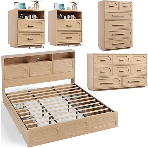 5 Pieces Bedroom Set, King Size Bed Frame with Storage Headboard, 44" Tall 6 Drawer Dresser, 54" Wide 8 Drawer Dresser, 2 Nightstands with Charging Station, Natural Oak