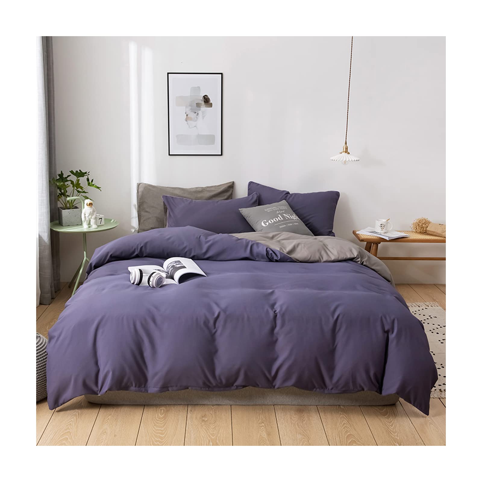 SEGUROS King Soft Bedding -Simple and Stylish Duvet Cover-Sheet-pillowcase-4pcs Bedding Set Duvet Cover(Purple + Gray)
