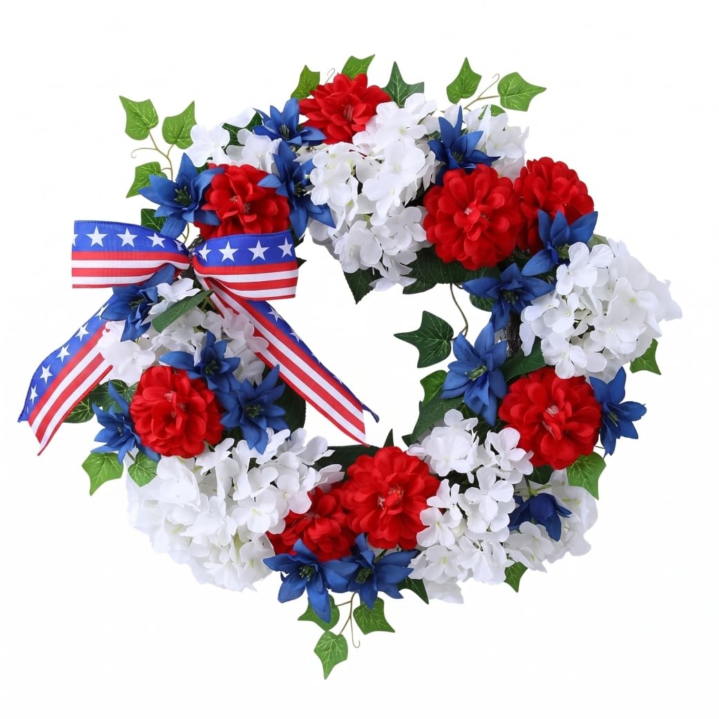 Syglawnd 4th of July Wreath, 18in Patriotic Wreaths for Front Door Festive 4th of July Decorations with Red White Blue Flowers & Bow, Patriotic Wreath