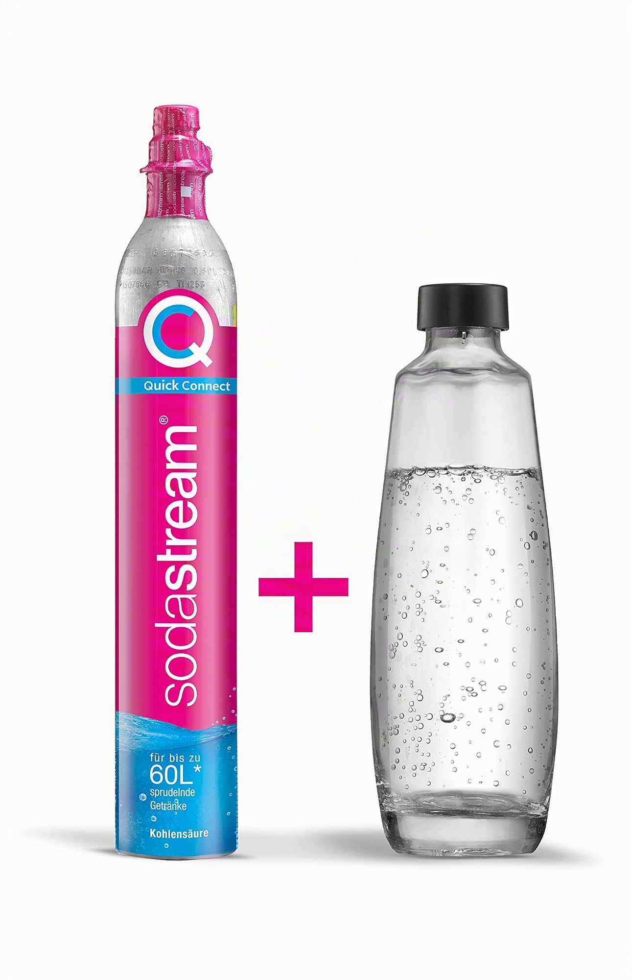 SodaStream Pack de réserve QC avec 1 Cylindre de CO2 Quick Connect, rendement : 60 l et 1 Bouteille en Verre de 1 l, Rose, 27,5 x 16 x 44 cm