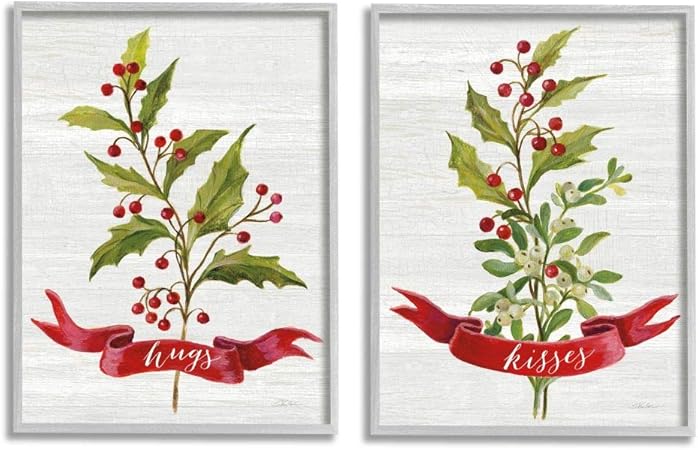 Amazon Co Jp Stupell Industries ハグとキス クリスマス ヒイラギの枝 冬シーズナル シルビア ワシルワによるデザイン ウォールアート 2個 各11 X 14インチ グレー フレーム付き ホーム キッチン