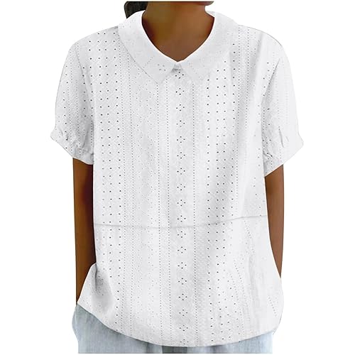 Button Down Shirts for Women Short Sleeve Shirts Summer Loose Crew Neck Casual Boho Top Vintage Cotton Shirts for