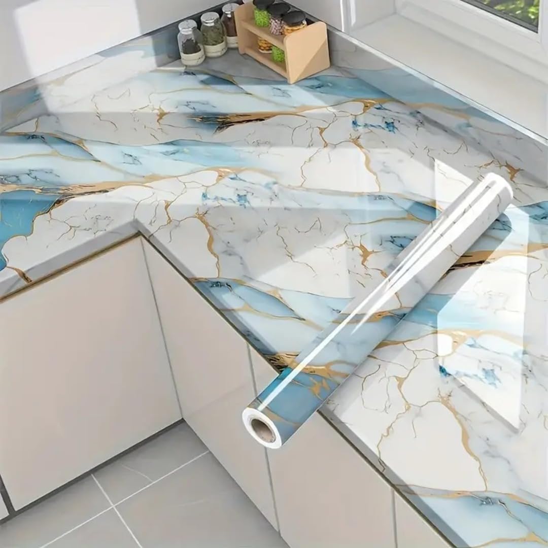 DRUCILA Wallpaper Kitchen Backsplash Wall Protector Waterproof Heat Resistant Self-Adhesive Sticker for Cupboard Doors Walls Kitchen Dining Room Wood Countertop.60 * 200cm (Aqua White Gold-080)