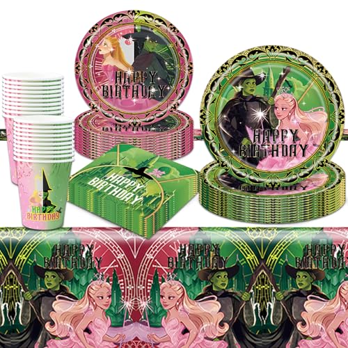 81Pcs Birthday Decorations Pink & Green Party Decorations Kids Party Tableware Set Movie Theme Birthday Party Plates Cups and Napkins Tablecloth 20 Guests