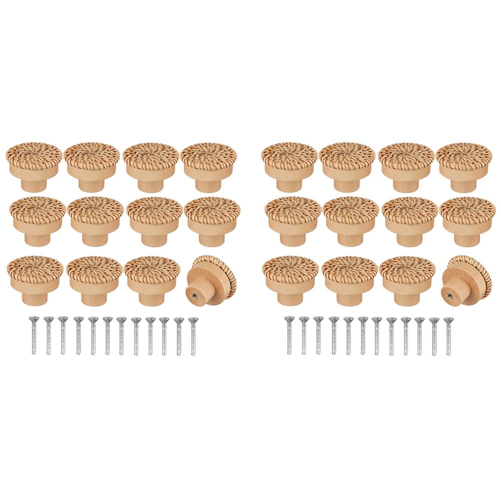 Jnchdghwa As Shown Boho Rattan Dresser Knobs Round Wooden Drawer Knobs Handmade Wicker Woven And Screws For Boho Furniture Knobs 24Pcs