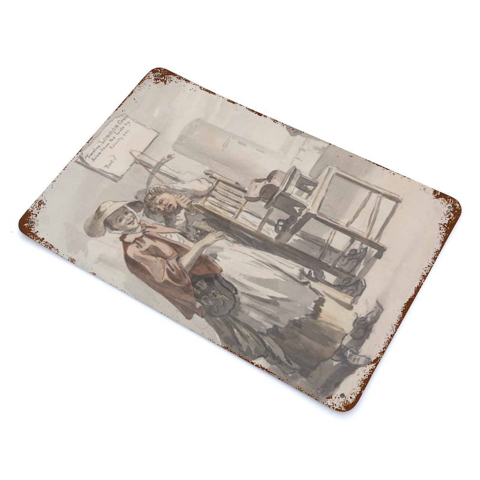 London Cries Illustration Aged Metal Wall Plaque 11.8"x7.9", Industrial Home Decor for Pub, Kitchen And Man Cave Decor