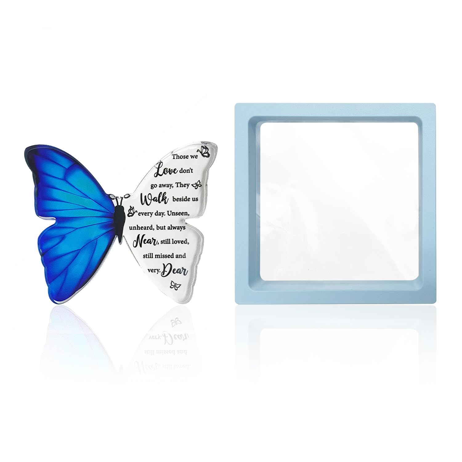 1 adorno de mariposa, 1 caja de presentación de película azul cielo, tarjeta acrílica de mariposa, decoración conmemorativa de acrílico de mariposa, regalo de recuerdo personalizado