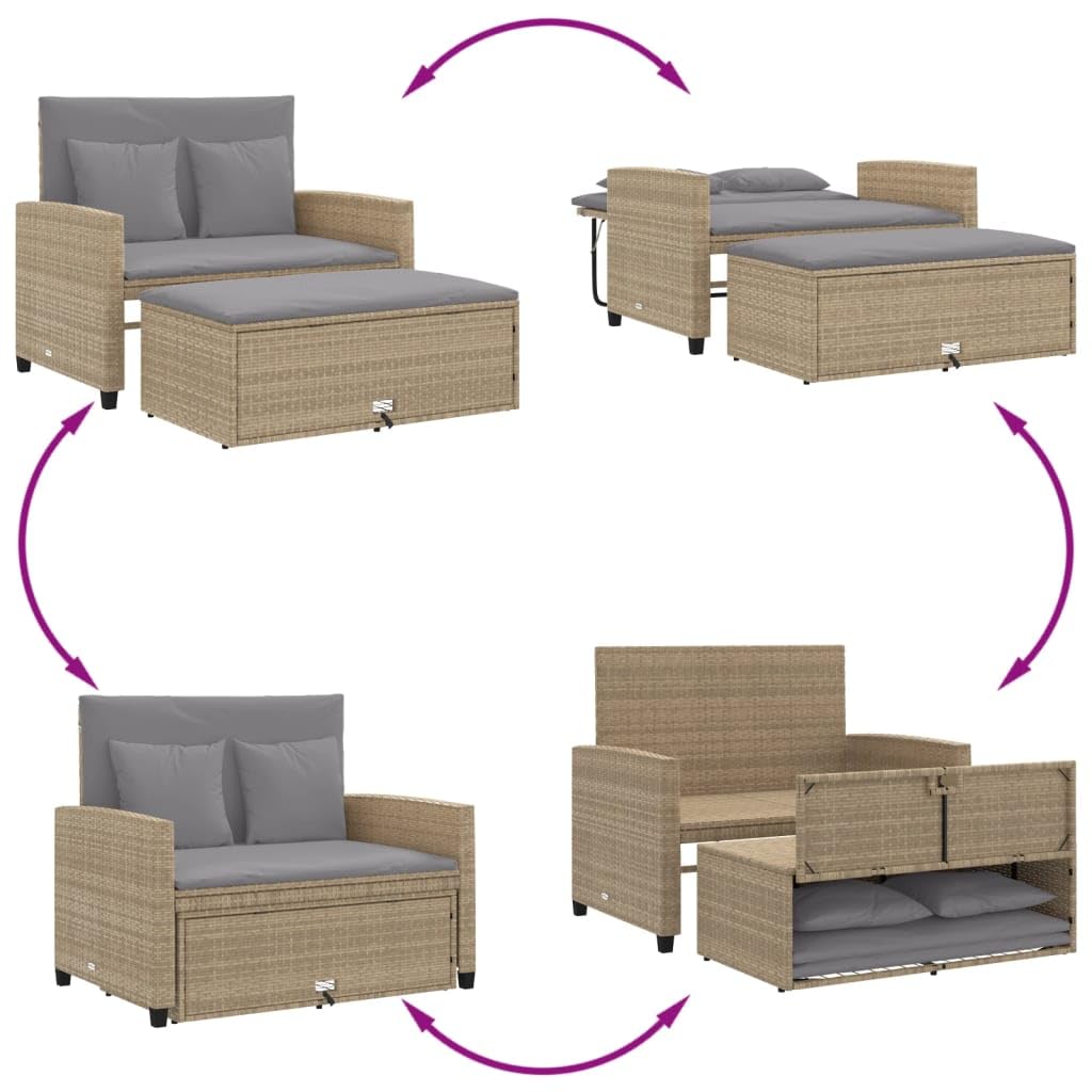 Sofá de jardín de 2 plazas beige de ratán sintético con cojín, sofá cama plegable y taburete con espacio de almacenamiento, muebles de jardín de ratán de polietileno para terraza y balcón