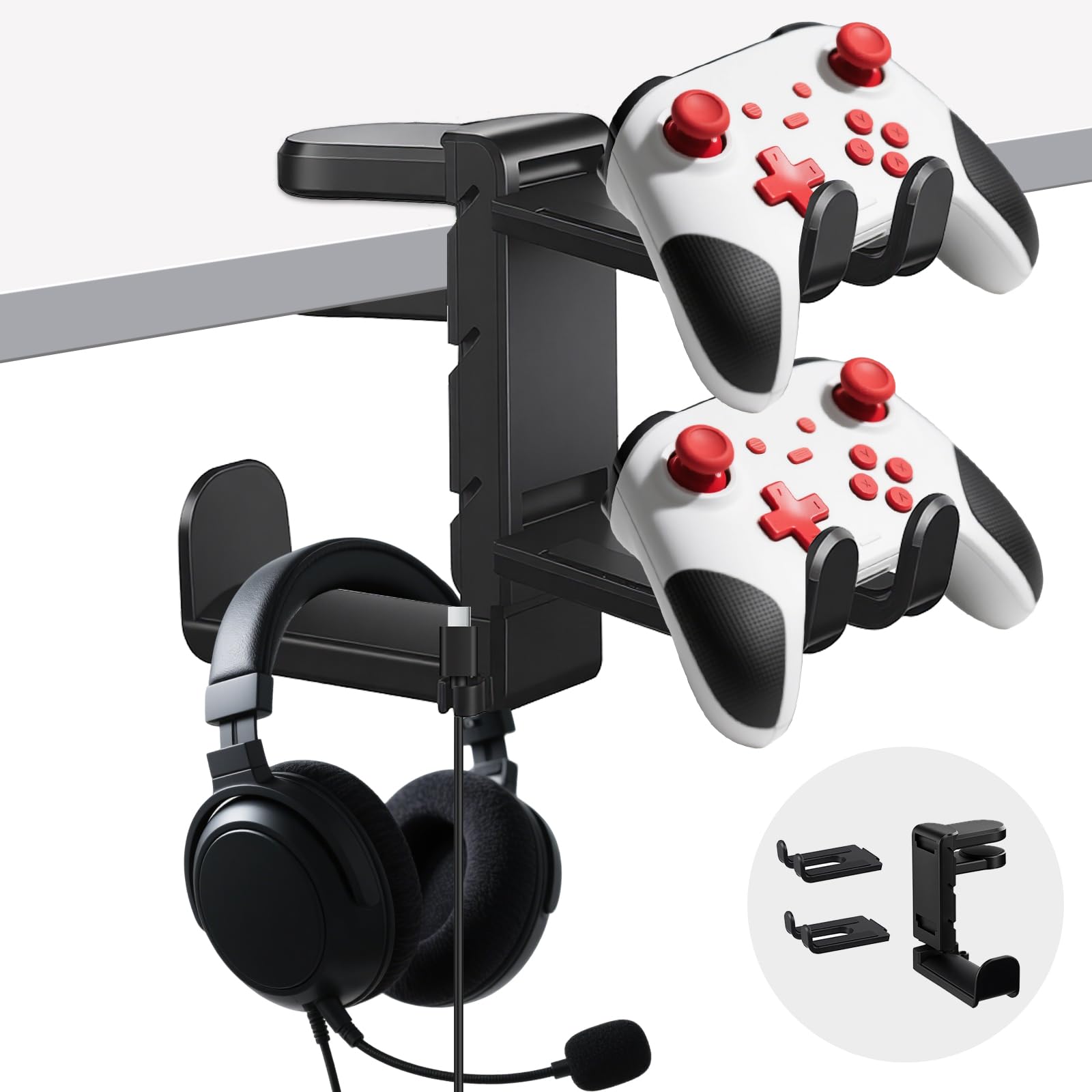 Supporto per cuffie e controller di alta qualità – regolabile a 360° sotto la scrivania gancio con gestione dei cavi, nero – accessori perfetti per scrivania e PC