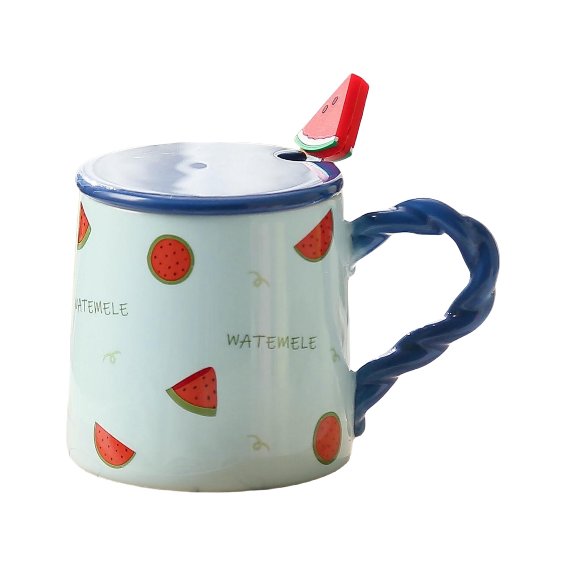 Cappuccino Mug Ceramic Clear Fruit Mug With Spoon And Lid Coffee Cup Suitable For Home Microwaveable - Blue Watermelon - 401-500Ml