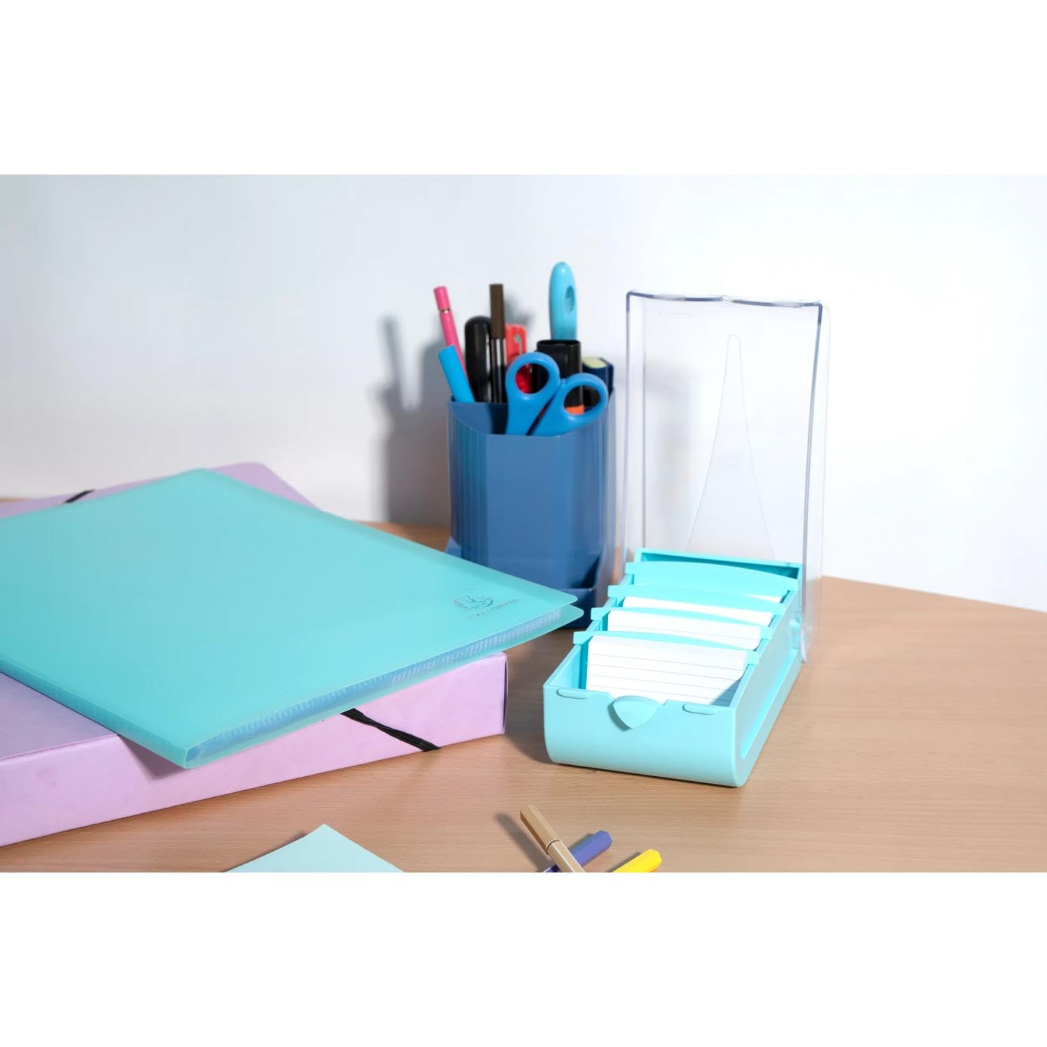 Exacompta - Kartonbox mit 100 Blanko-Karten A8 und 4 Trennblättern - Kapazität bis zu 650 Karten im A8-Format - Pastellfarben sortiert - Originelle BunnyBox-Form mit Schiebedeckel
