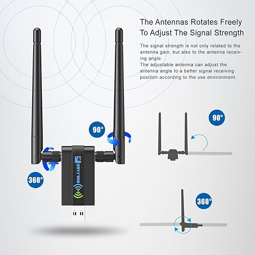 Miniatura 6 de Adaptador WiFi USB inalámbrico para PC: 1300Mbps 5G/2.4G Dual 5dBi Antenas de alta ganancia Adaptador WiFi para PC de escritorio, dongle de red
