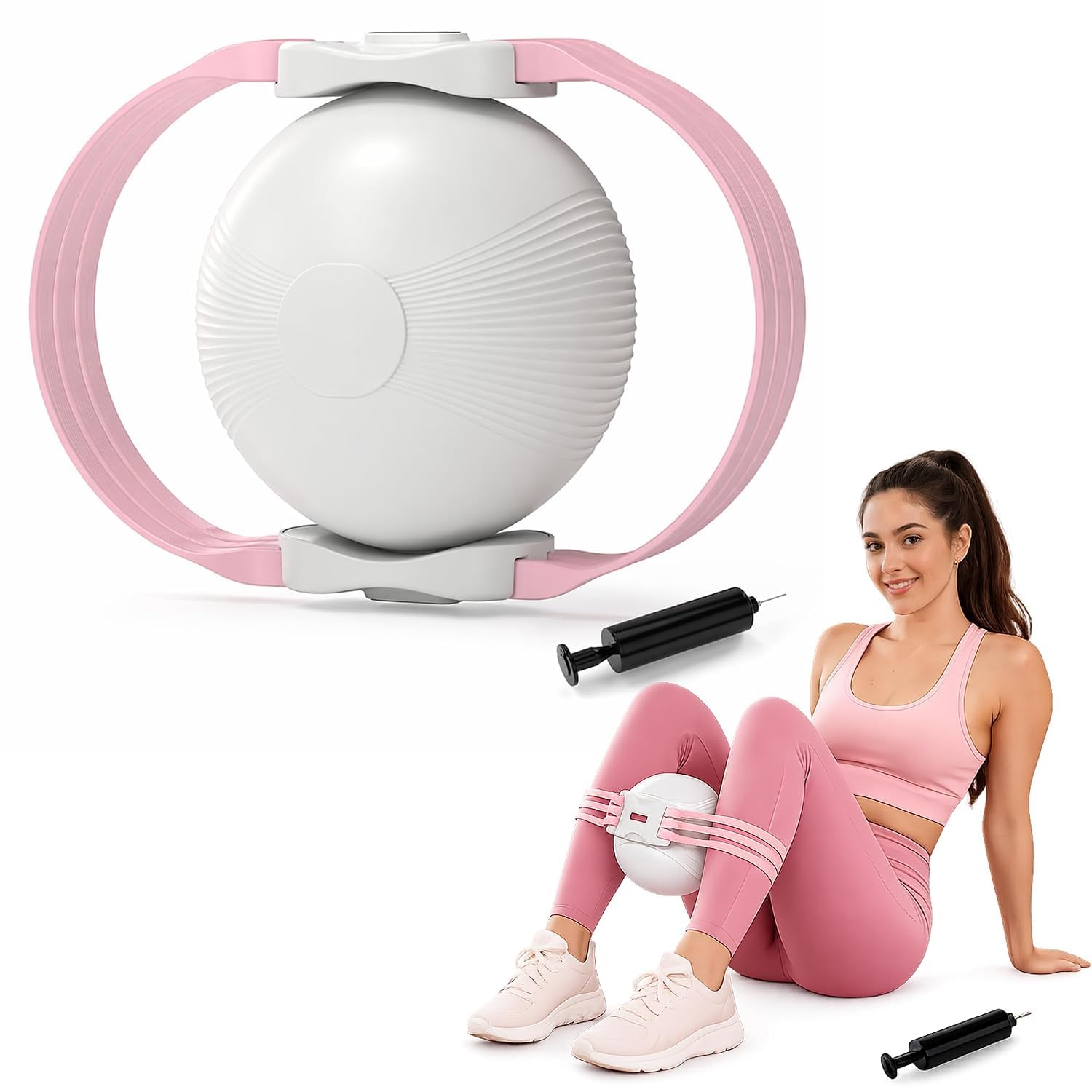 hakily hip & pelvis trainer | thigh master and inner thigh exercise equipment with 3-level adjustable resistance bands | pelvic floor exerciser device - multi-functional leg workout equipment & pilates ball