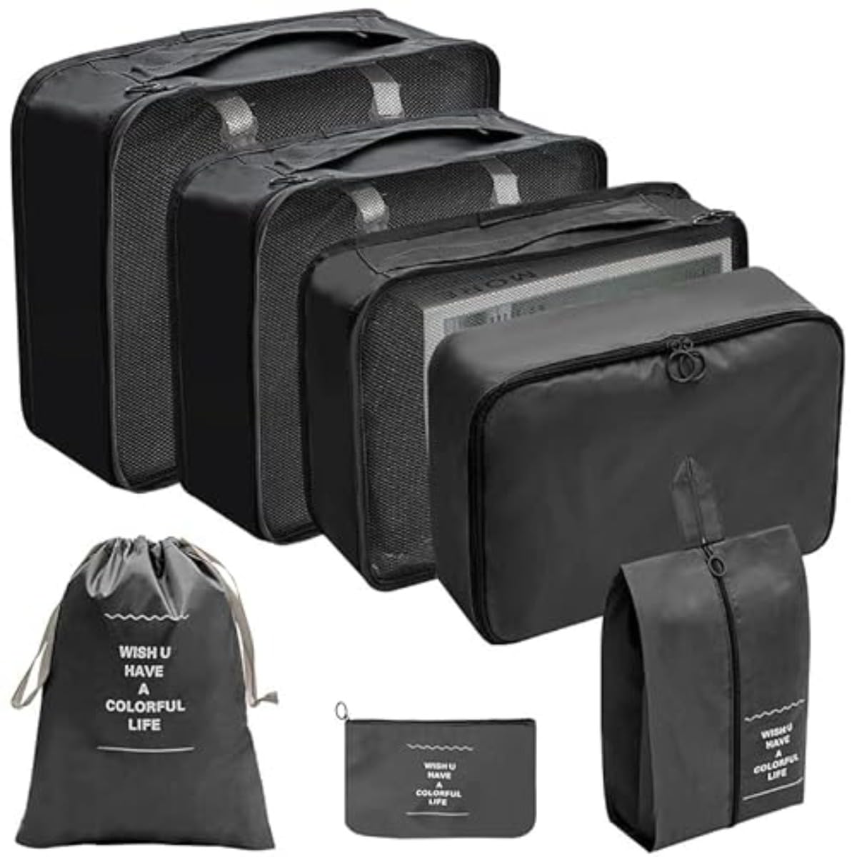 Gelimy Black Packing Cubes For Suitcase, 7Pcs Cubes Luggage Organiser Waterproof Travel Compression Suitcase Bag Travel Essential Bag (Black)