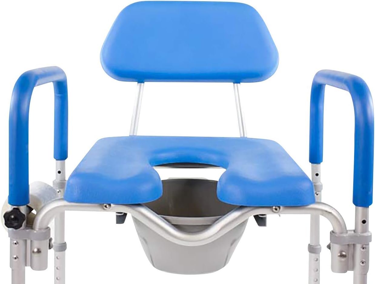 🛒 Crazy Deals Dignity Ultra-Premium Padded Commode/Shower Chair. Voted #1 Most Comfortable with Padded arms/backrest. Adjustable Height. Includes Free Commode Pail and Lid(Blue)