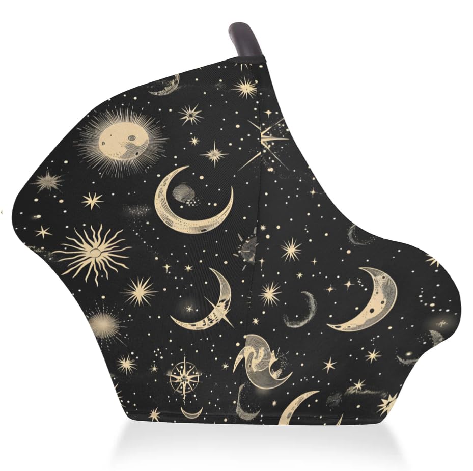 Image of Breathable Car Seat Cover for Babies, Women Nursing Covers, Multi Use Car Seat Canopy Cover, Infant Car Sun Shade Covers Windproof, Boy & Girl Shower Gifts (Moon & Stars Black)