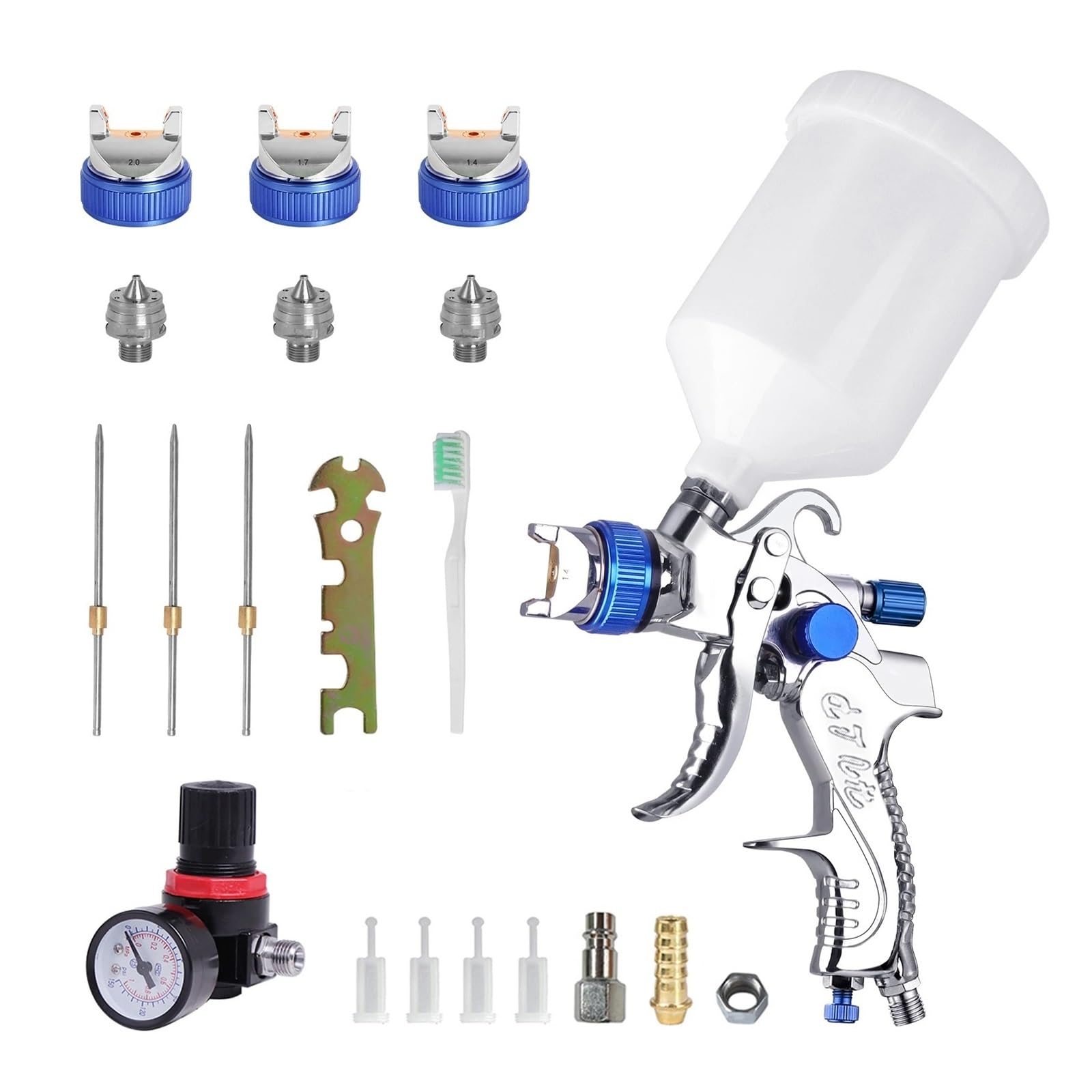 Pistolet do malowania natryskowego Pistolet Natryskowy Pneumatyczny 600 Ml Do Napraw Samochodowych – Dysza 1,4/1,7/2,0 Mm Z Regulatorem Ciśnienia I Filtrem(Blue with Gauge)