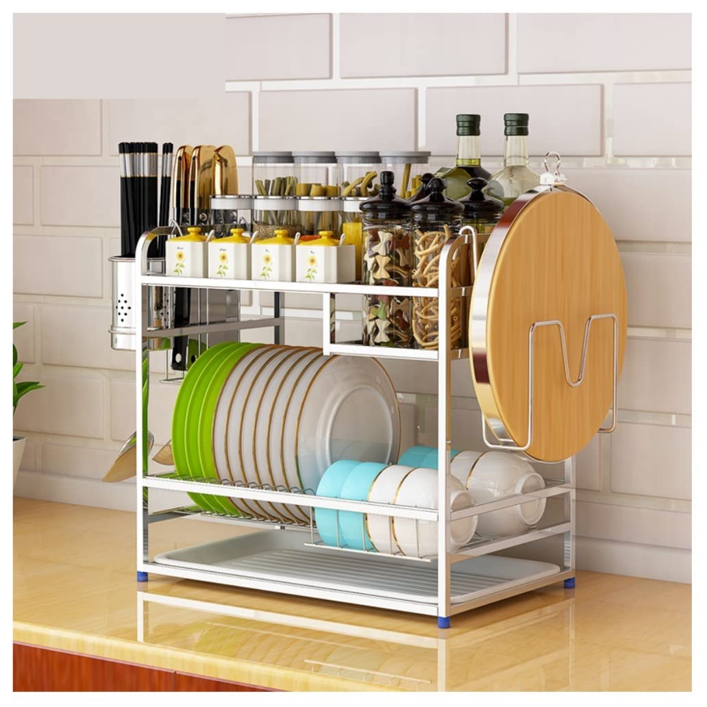 HADECOLL Dish Drying Rack Dish Rack Stainless Steel Dish Drainer Rack 2-Tier Kitchen Bowl Spice Organizer With Drain Tray Drying Rack Dish Rack Drainer,Silver-43 * 27 * 40cm