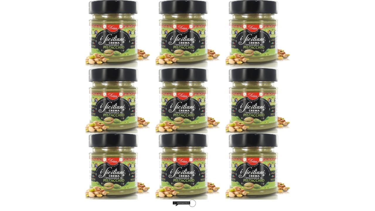 I Siciliani Crema Spalmabile al Pistacchio, Set da 9 Barattoli, 200g per Barattolo, Senza Olio di Palma, Senza Glutine, + portachiavi italy shop service