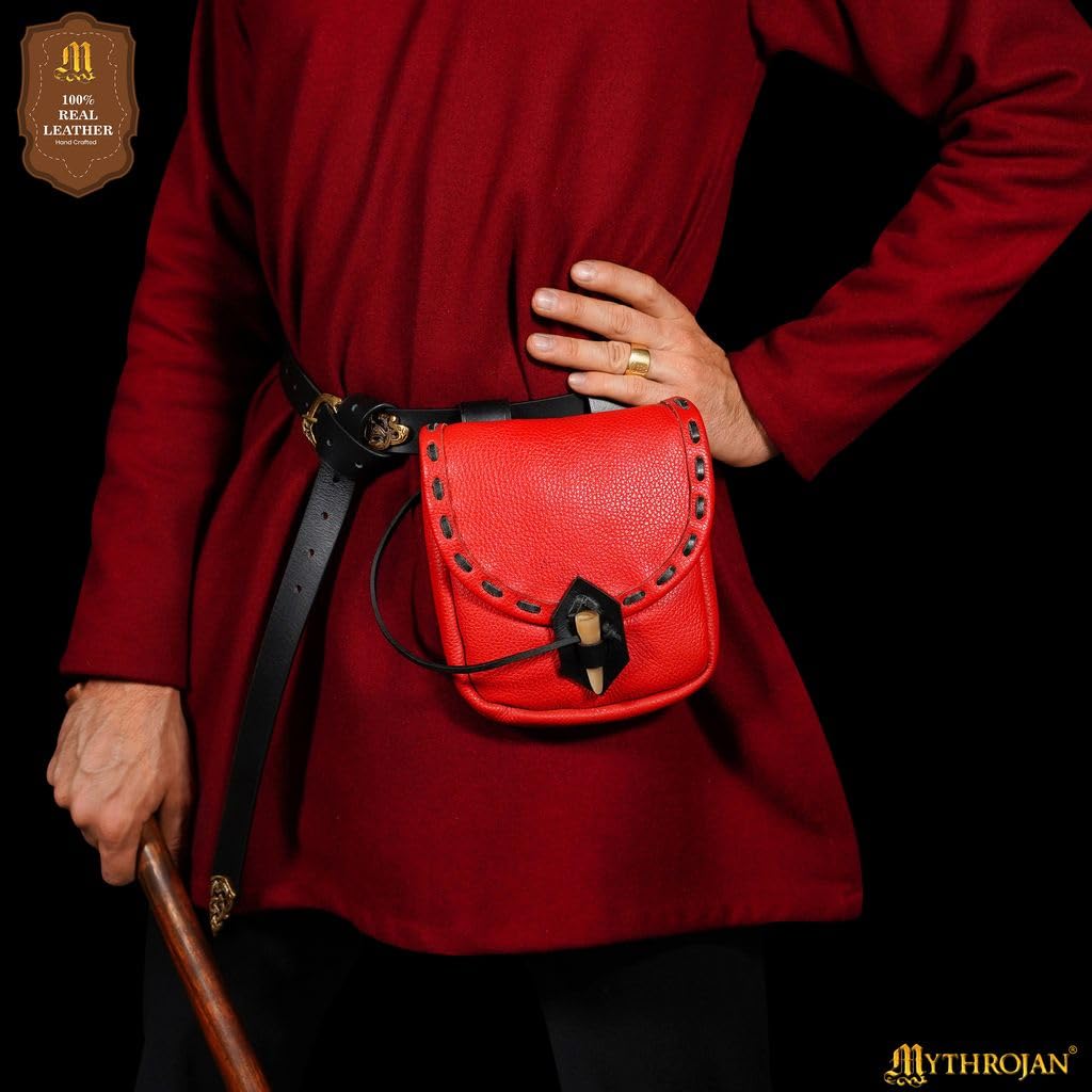 Mythrojan Riñonera de Cuero Original Medieval, Bolsa para Accesorios de Disfraces, cinturón Vikingo para Monedas (Rojo, 8 x 7 Pulgadas)