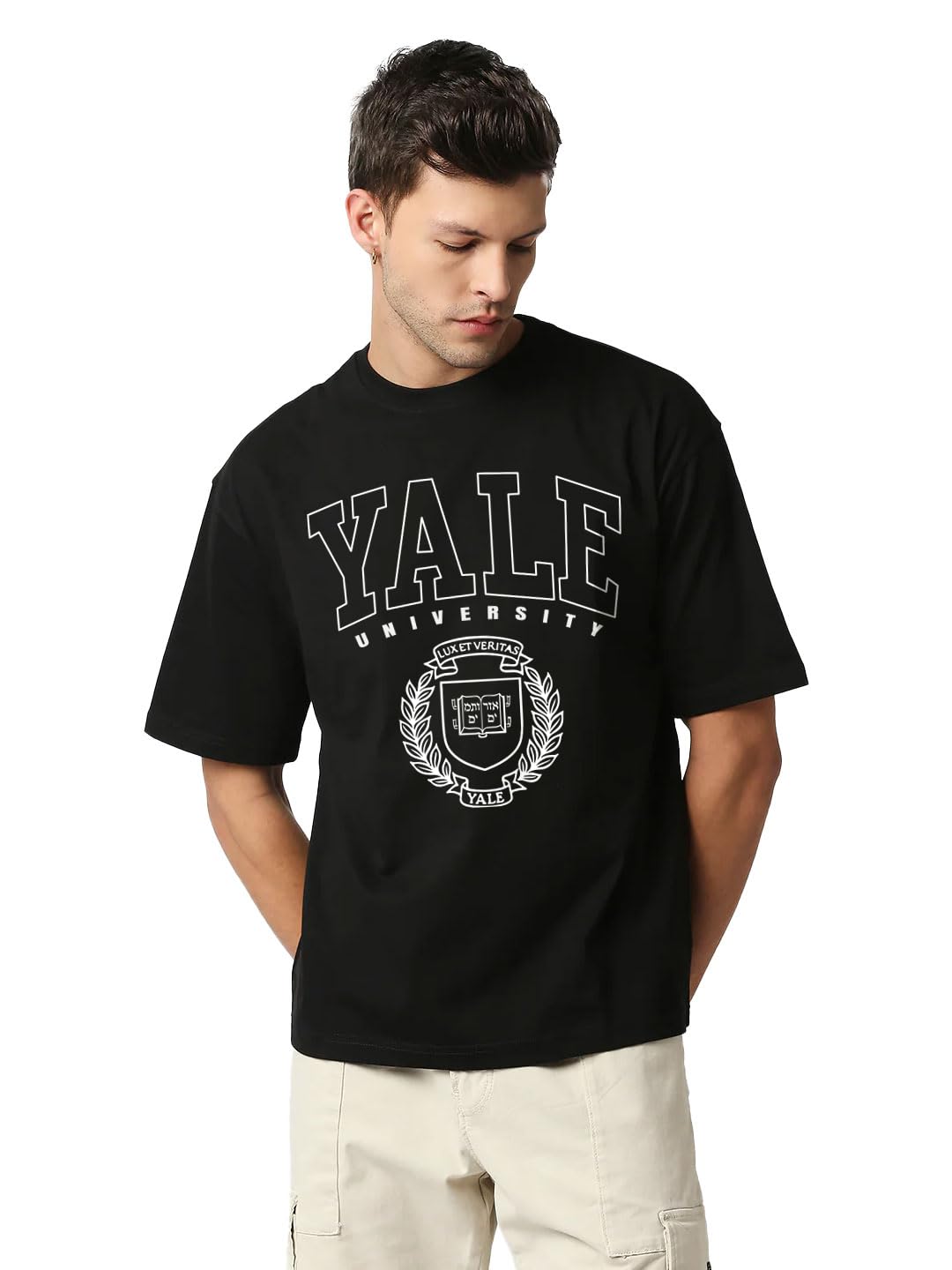 American Universities Oversized Loose Baggy Fit Drop Shoulder Half Sleeves Pure 100% Cotton Heavy Premium Fabric T-Shirt for Men