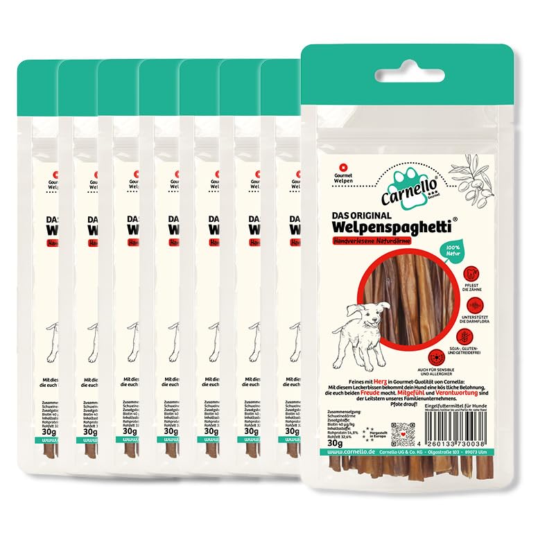 Carnello Welpenspaghetti – Leckerli für kleine Hunde, getreidefreier Hundesnack – Wiederverschließbarer Beutel (8 x 30g)