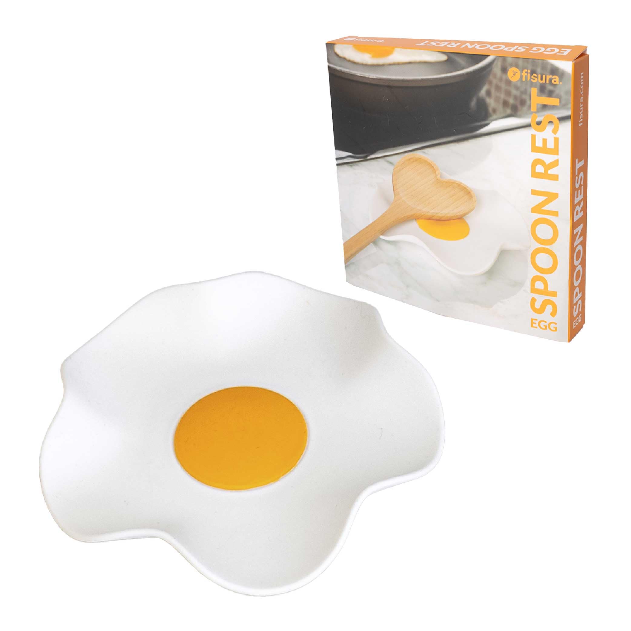 FISURA - Original Spoon Holder Egg Shaped, Silicone Egg Spoon Rest Kitchen, White and Yellow Utensil Rest, 12 x 12 cm