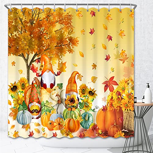 Fall Shower Curtain,Autumn Pumpkin Gnomes Fall Leaves Bath Curtain,Harvest Sunflowers Maple Leaves Bathroom Decoration For Halloween Thanksgiving Holiday Party,Door Curtain,Bathroom Window,72X72Inch #TOP6