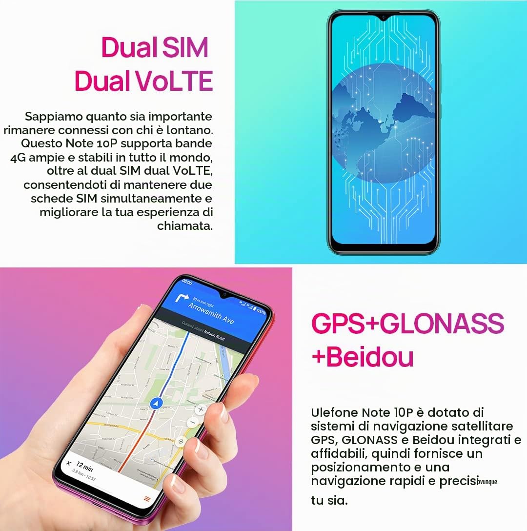 Cellulare Offerta Ulefone NOTE 10(P), 3GB RAM 128GB ROM, Tripla Fotocamera 13MP, Smartphone DUAL SIM 4G, HD+ 6,5'', Slot Per 3 Schede, Android 11, Batteria 5500mAh Impronte Digitali GPS WIFI Verde