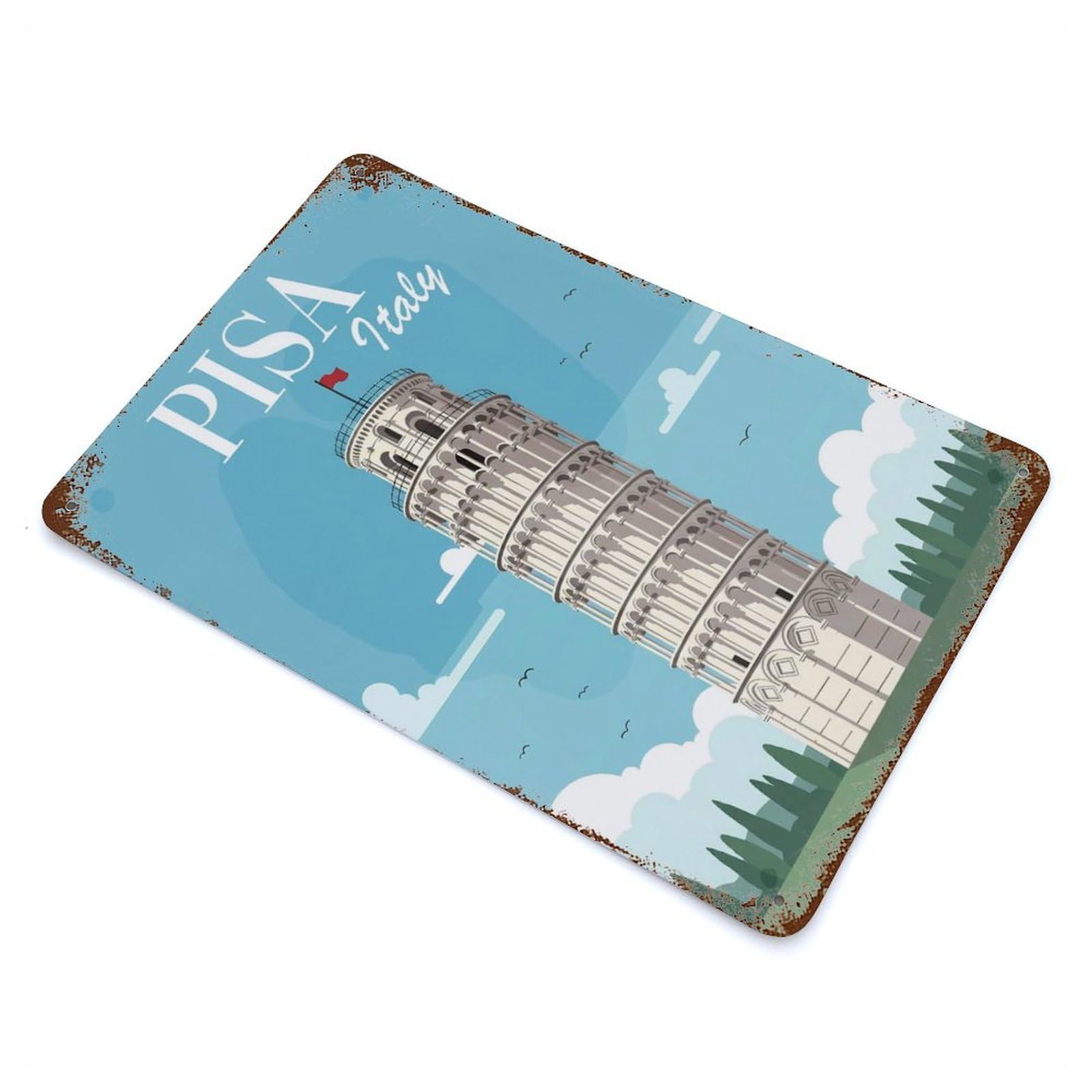 Aged Metal Wall Plaque with Leaning Tower of Pisa Design 11.8"x7.9", for Pub, Kitchen And Man Cave Decor, Shabby Chic Decor