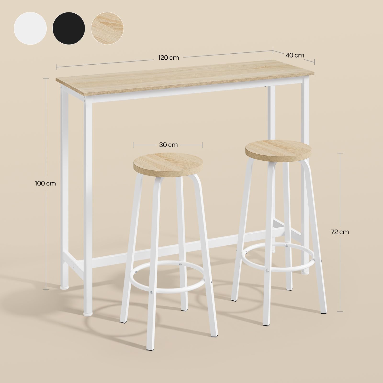 WOLTU Set Mesa de Bar y 2 Taburetes, Muebles de Bistro de Comedor para Salon, Barra Cocina con Estructura de Metal, 120x40x100cm, Blanco + Roble Claro