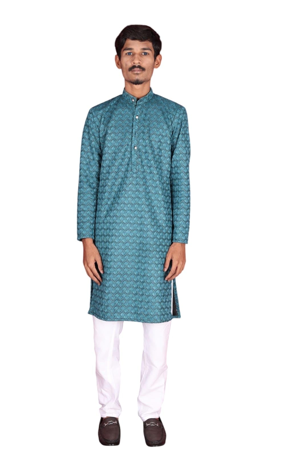 Men's Floral Patterned Kurta with Trousers and Shoes-picture-47