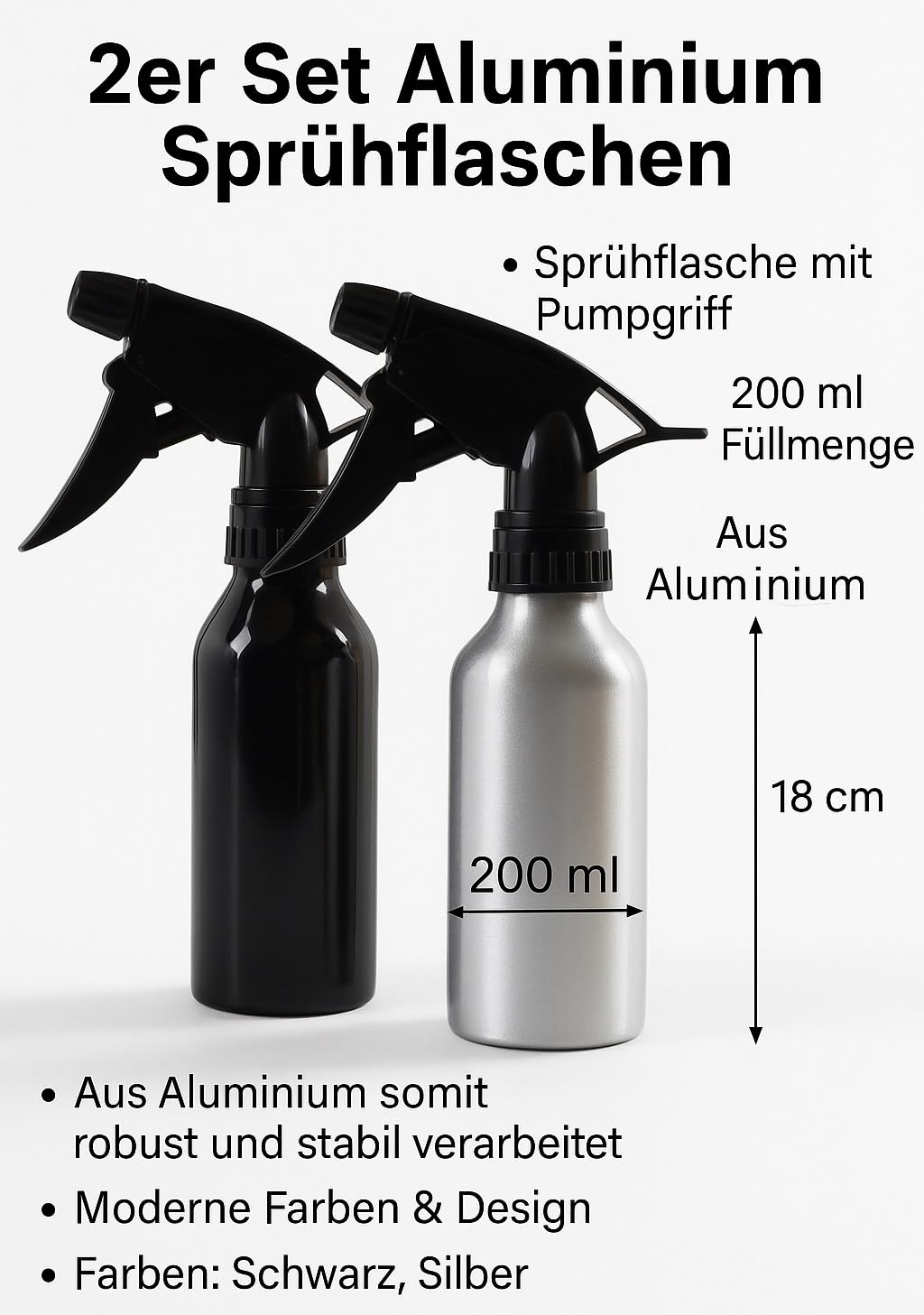 2er Set Sprühflaschen Aluminium 200 ml Nachfüllbar Zerstäuber Pumpsprüher Schwarz Silber BPA-frei