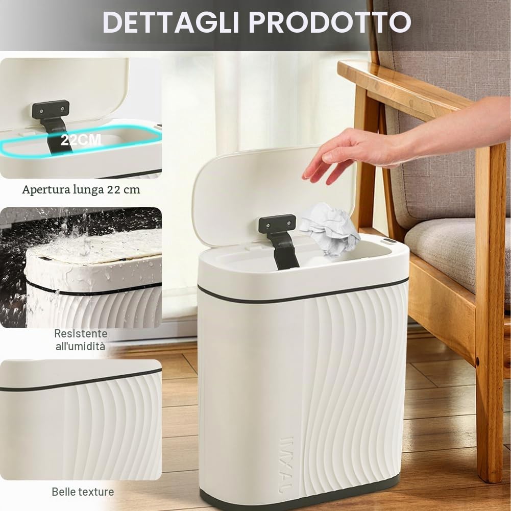 Pattumiera da Bagno con Sensore e Tecnologia Sensore, Senza Contatto e Impermeabile, per Ufficio e Bagno, Pattumiera con Coperchio e Funzione Anti-Rumore (Bianco, 8L)