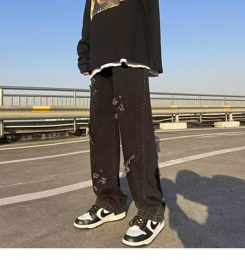 Hip Hop Streetwear Y2k Mens Pants High Street Jeans Baggy Loose Straight Casual Pants Male Cross Patch Trousers (Black,XXL,X-Large)2