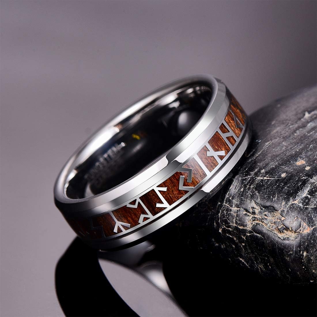 TUNGSTORY Norse Viking Rune Rings for Men 8mm Silver Mens Tungsten Wedding Bands Wood/Carbon Fiber Ring with Beveled Edges Comfort Fit Size 6-13