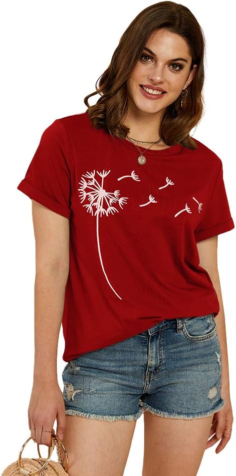 Cicy Bell Women's Dandelion Print T Shirts Cute Graphic Tees Short Sleeve Summer Cotton Tee Tops - Image 3