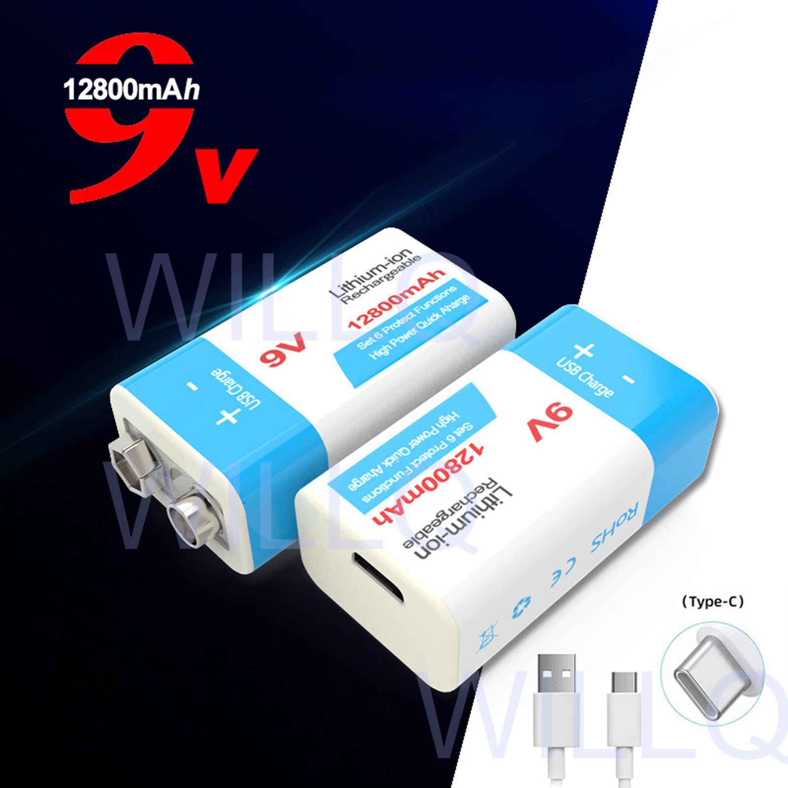 Piles au Lithium Rechargeables 9 V USB Type-c 9 Volts 9900 mAh 12800 mAh Batteries de Remplacement 1,5 H Charge Rapide 1000 Cycles pour appareils électriques 9 V