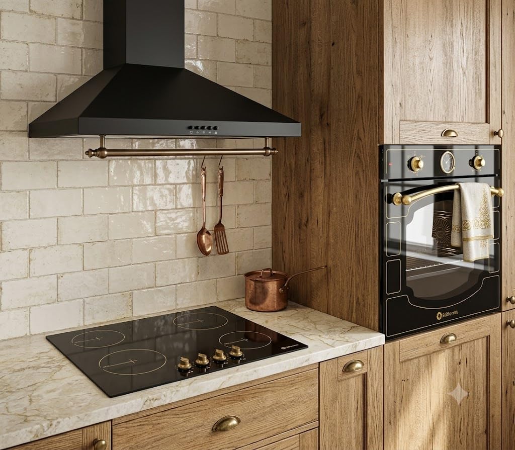 SOLTHERMIC PACK 3 EN 1 NEGRO RUSTICO PLACA VITROCERÁMICA 4 FUEGOS PVTC60 59x52cm / 9 niveles de potencia/Botones + CAMPANA DECORATIVA 60 CM hasta 400m3 + HORNO EXTRA AMPLIO 78L TURBO