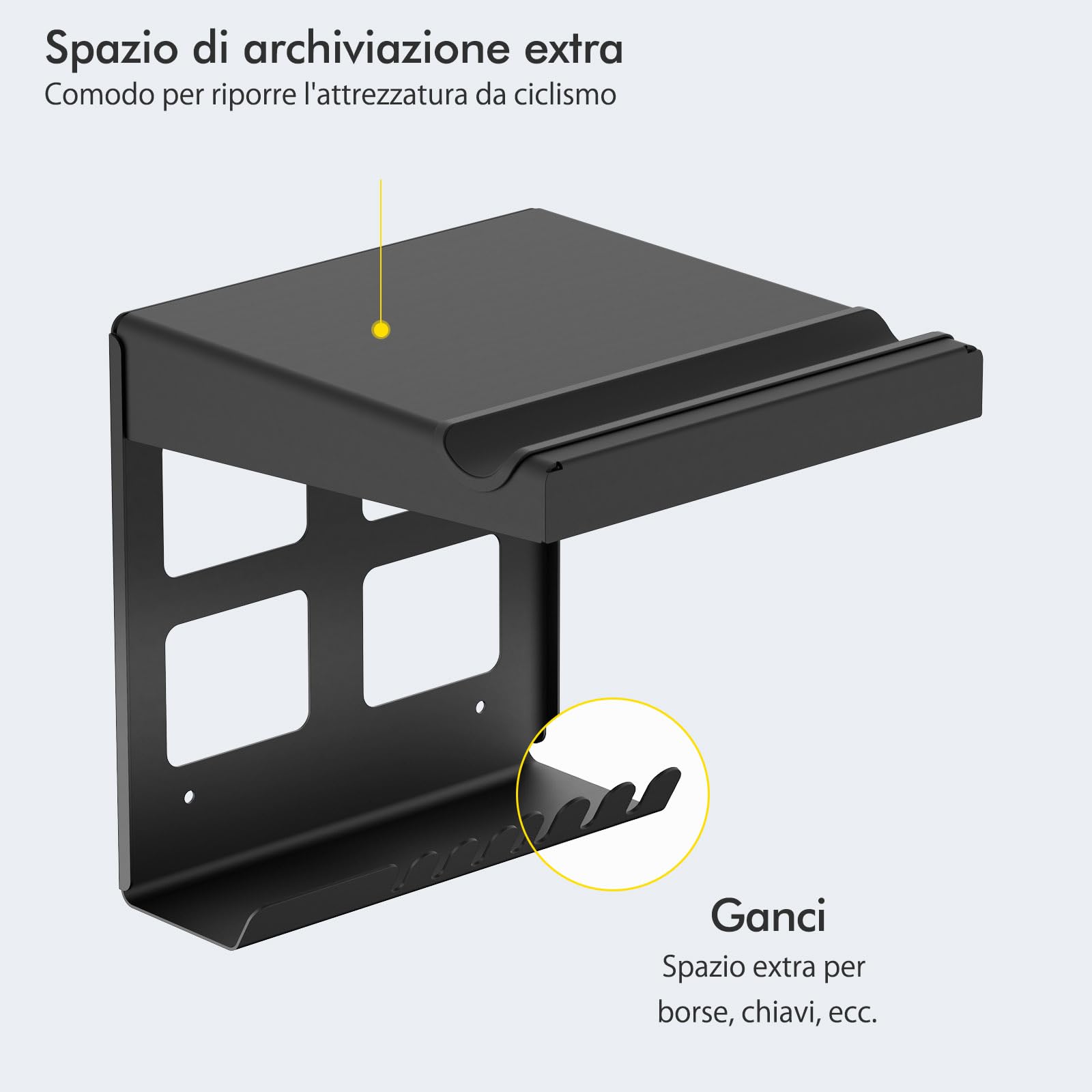 Mimoke Supporto da parete per bicicletta, per interni, per biciclette, con ganci, design compatto e robusto, imbottitura protettiva, spazio aggiuntivo, facile da installare (Nero)
