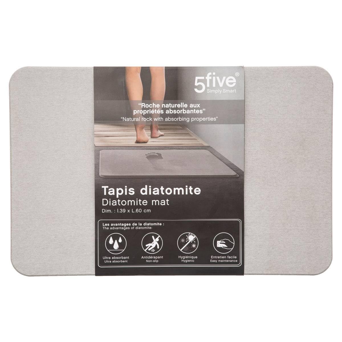 Tapis de Salle de Bain Gris Super Absorbant en Diatomite 39x60 cm Séchage Rapide