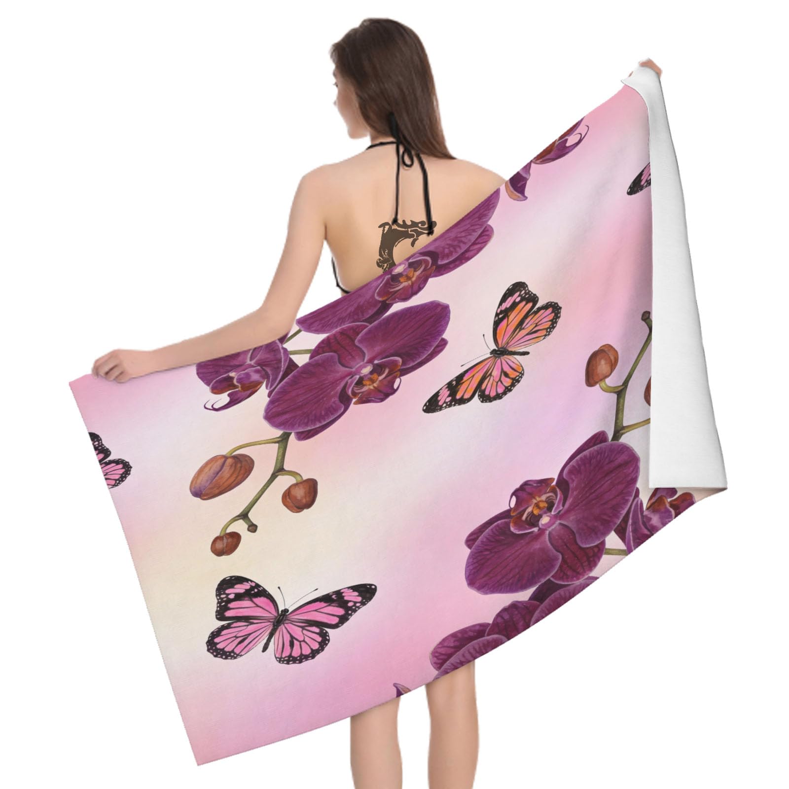 Leichong 3D Orchid Beach Towel Large Microfiber Soft Quick Dry for Adults, Pink Bath Towel Lightweight Soft Absorbent for Travel Swimming Pool Sports, 80 x 160 cm