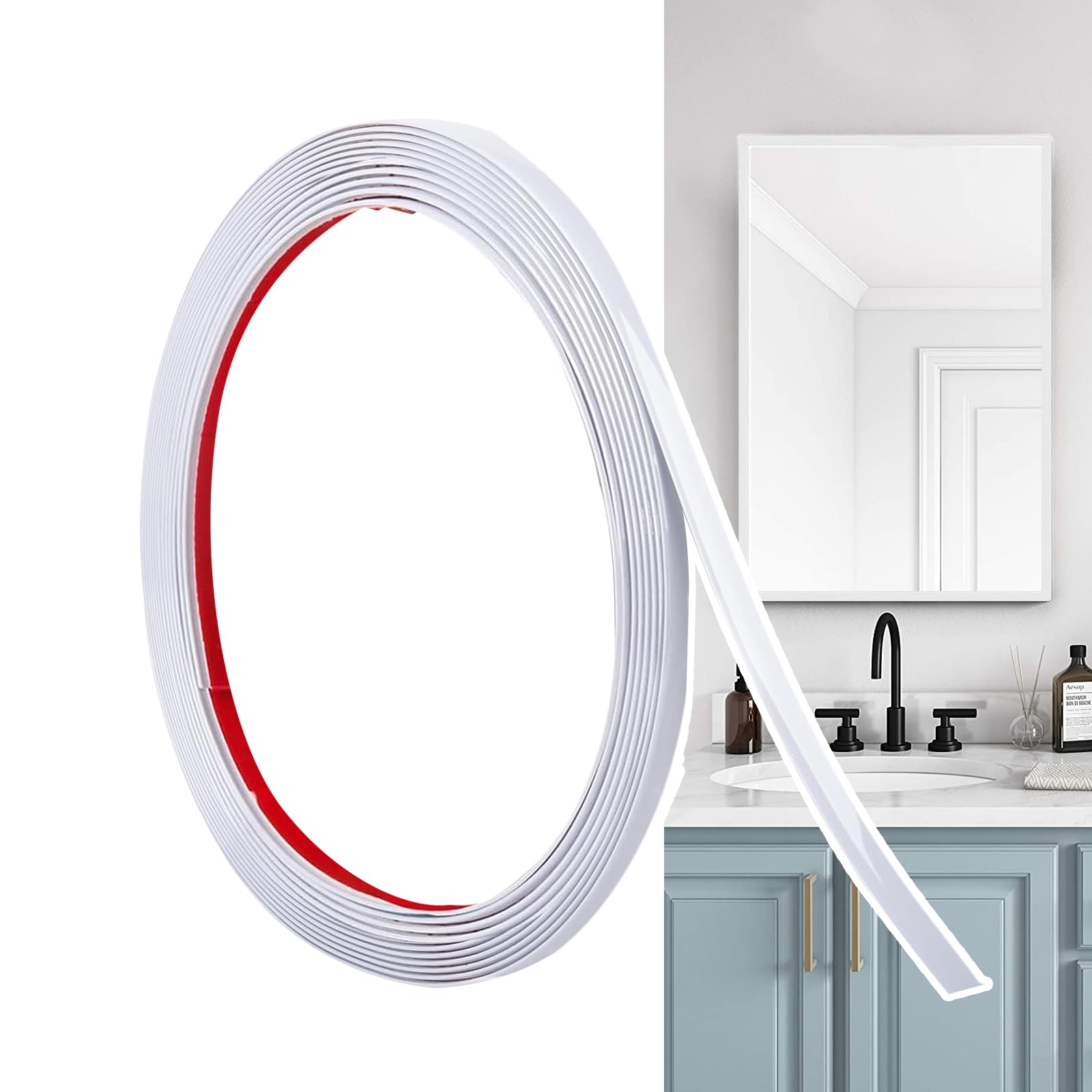 Hengrongshen Self Adhesive Moulding Trim Matte White (6M x 0.65cm) Flexible PVC Peel and Stick Wall Trim Decorative Edge Strip for Wall, Tile, Mirror, Window, Cabinet, Bathroom, DIY Trim — image 1