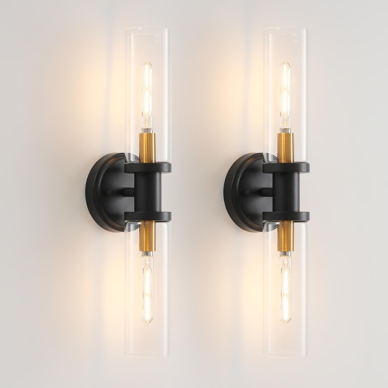 KUZZULL Wall Sconces Set of Two Black and Gold Wall Lamp Wall Lights with Clear Glass Shade Sconces Wall Lighting Wall Sconces Indoor Sconces Wall Decor Set of 2 Wall Scones, Wall Lights Set of 2