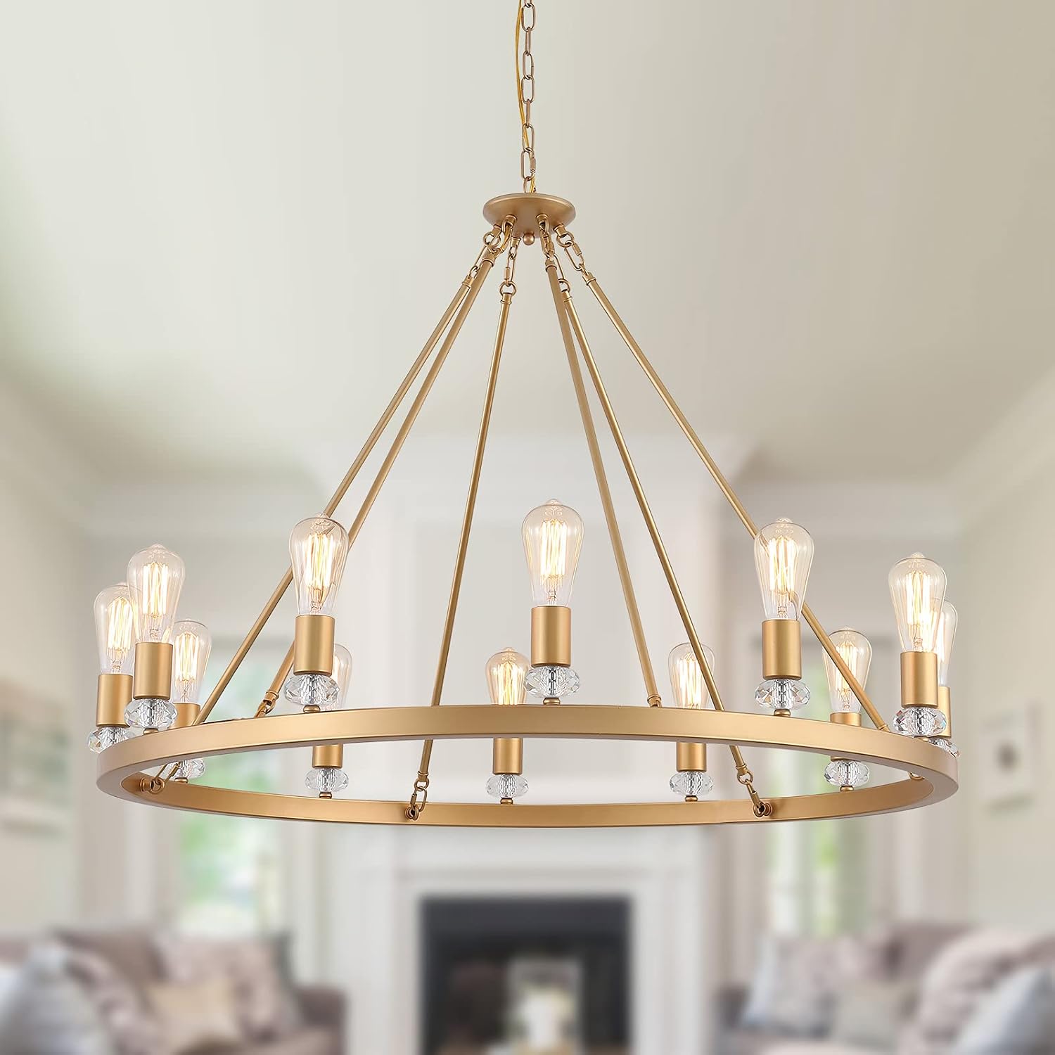 MEIXISUE Large Modern Wagon Wheel Chandelier Gold Metal Round Luxury Industrial Country Chandelier Light Fixture for Dining Room Living Room Foyer Entryway W40.55 12-Lights UL Listed