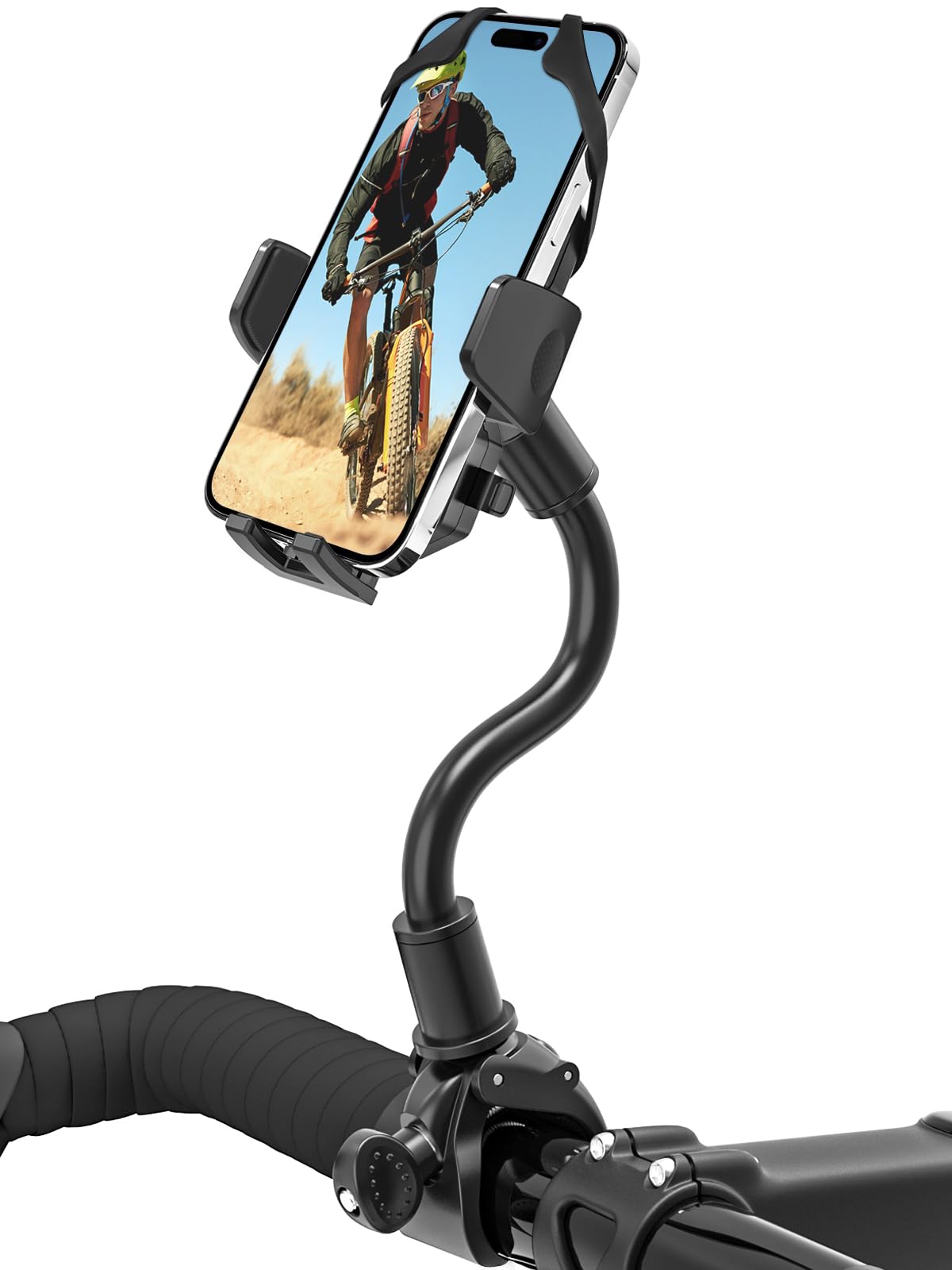 EXSHOW Gooseneck Bike Phone Mount for Motorcycle, 360° Rotation Bicycle Cell Phone Holder for Mountain, Electric Scooter, Roam/Dirt Bike Handlebar Clip for iPhone 14 Pro Max 13 12, 4-7" Smartphone