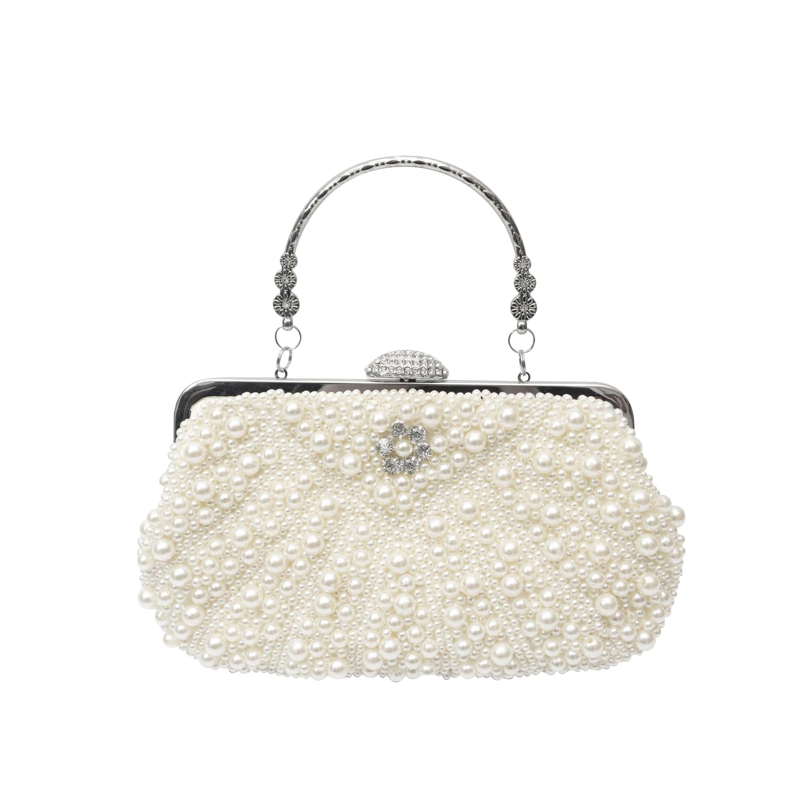 CORIOS Women Pearl Evening Bag Beaded Clutch Bag Bridal Wedding Purse Elegant Crossbody Bag Shoulder Bag with Detachable Chain Retro Banquet Cocktail Prom Party Handbag Beige