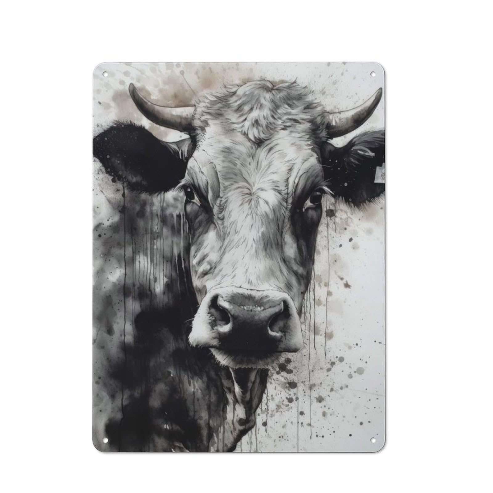 Junmoney Cow Black Ink Watercolor Decorative Metal Plaque 40X30cm, Garage Style Shed Wall Plaque For Workshop, Basement, Shed Or Games Room