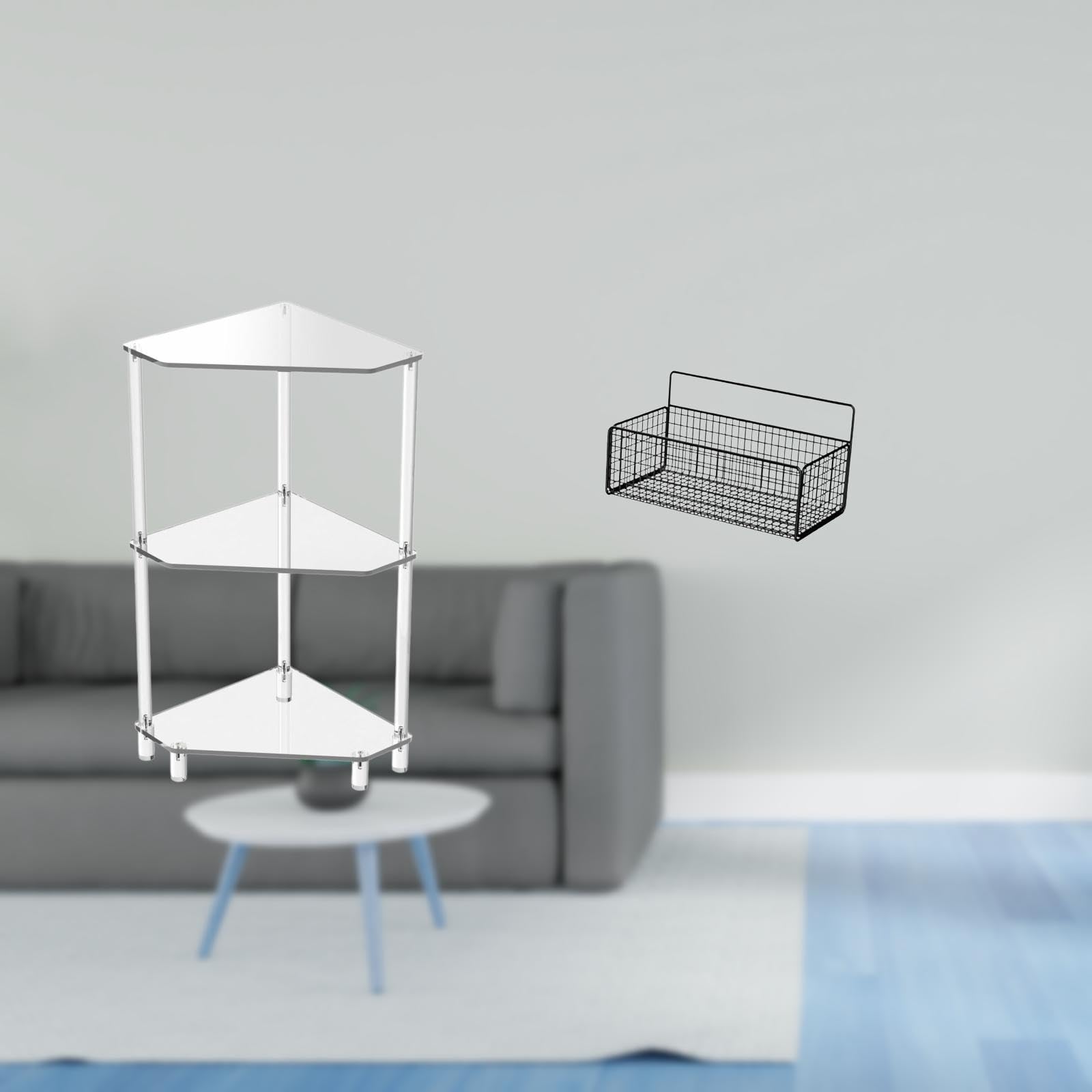 Modern Corner Side Table with Floating Shelves and Metal Wire Storage Basket Organizer for Kitchen Bathroom Living Room Small Space-image-19